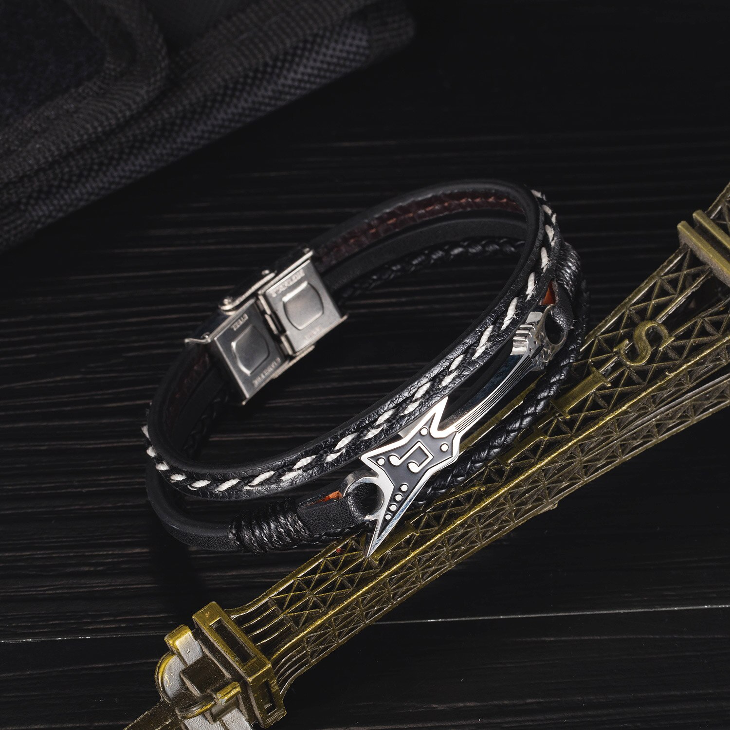 Cyue Europese Mannen Jongen Gevlochten Multi-Layer Leren Armband Muzieknoot Charm Rvs Knop Polsbandje ZYLB0180