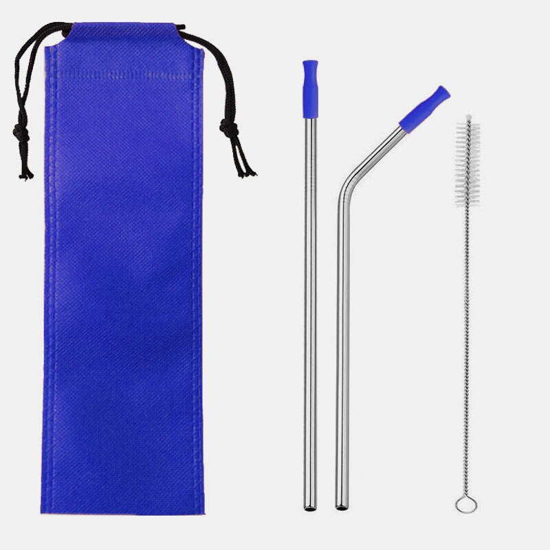 304 Stainless Steel Metal Straws Drink Cocktail Color Silicone Head Straw Travel Portable Set: Set 3