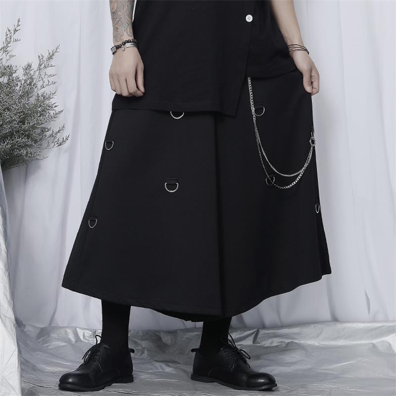 Herren Culottes Neue lässig Neun-Minute Hosen verlieren Breite Bein Hosen Yamamoto Stil dunkel Metall Kette Verziert übergroßen Culottes