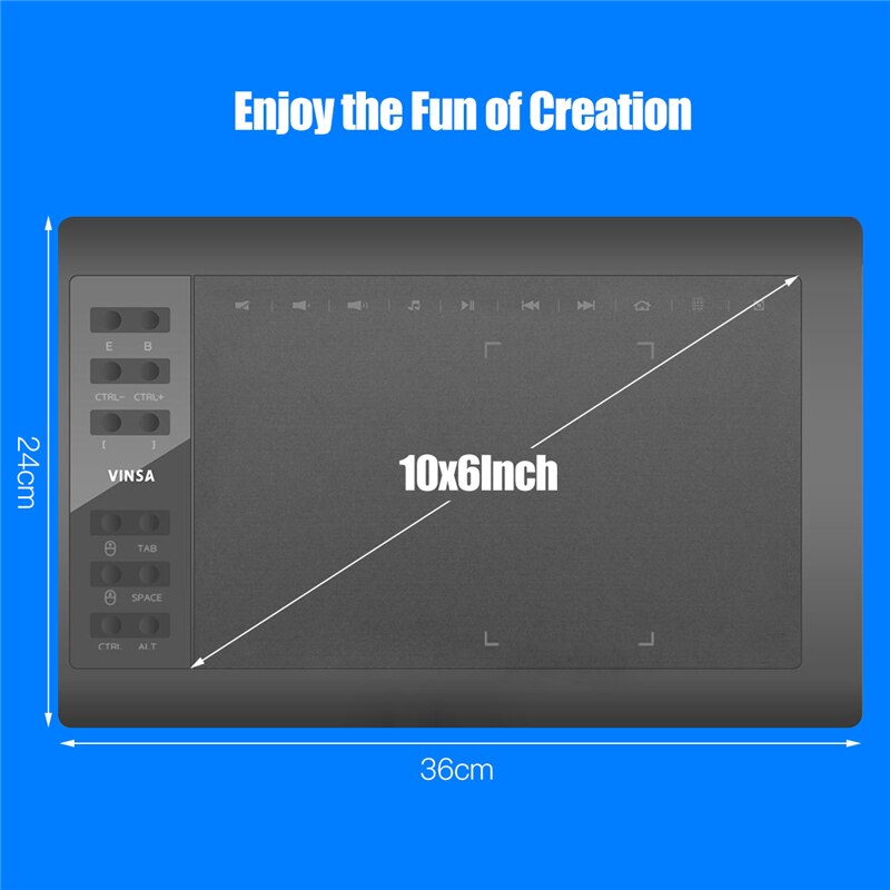 10x6" Graphics Drawing Tablet 12 Express Keys 8192 Levels Battery-Free Stylus/8pcs Nibs/Pen Clip Support PC/Laptop