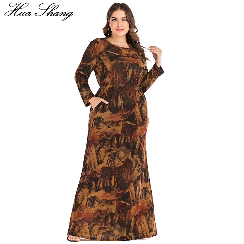6XL Plus Größe Abayas Muslimischen Kleid Frauen Herbst Winter Langarm retro Druck Jahrgang max Lange Kleider Dubai Islamische Kleidung