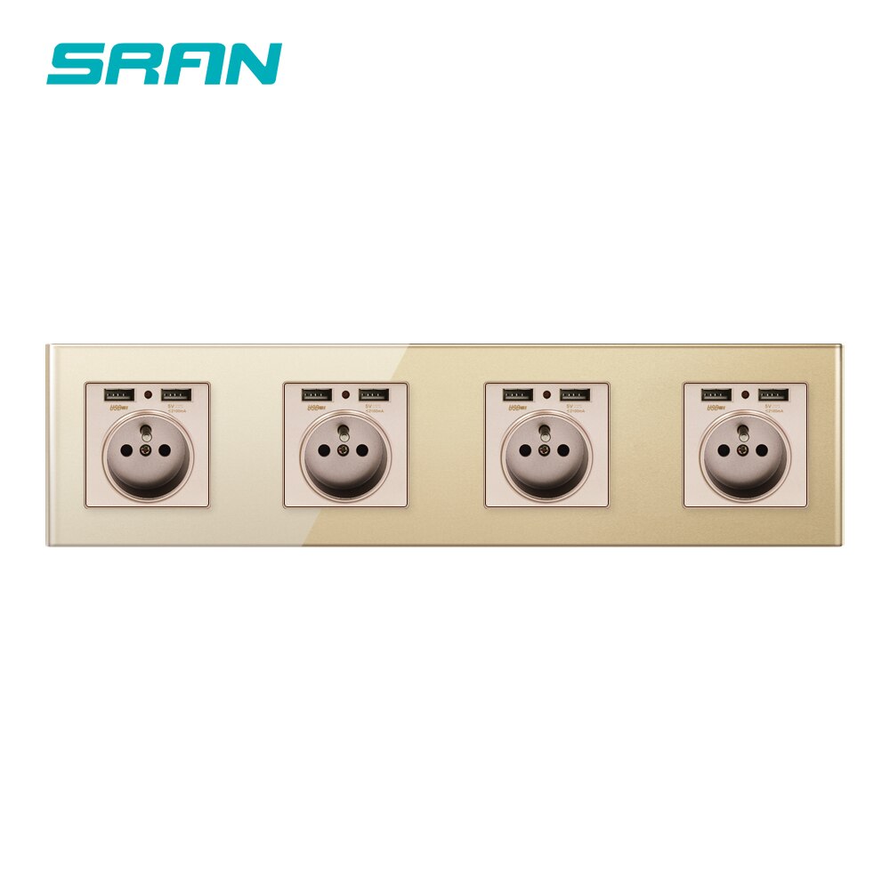 French standard wall power socket with USB socket strip 2/3/4/5 crystal tempered glass material panel luxury townhouse socket