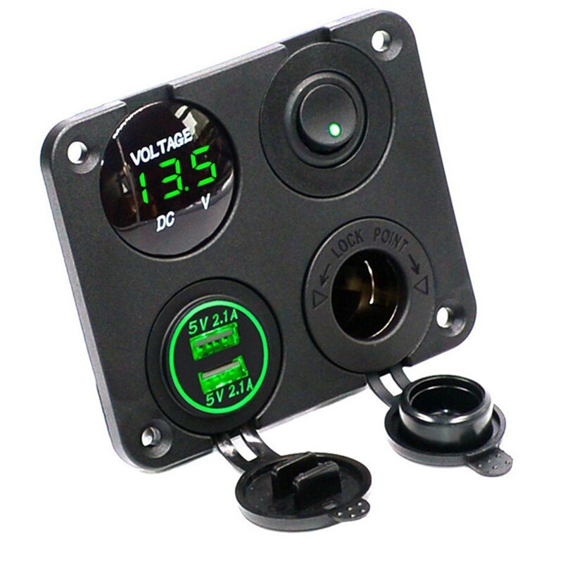Led Voltmeter Met Dual Usb-poorten & Car Charger Voor Auto/Boot, Led Schakelpaneel, 12-24V Stopcontact Aan-uit Schakelaar: Black Green Word