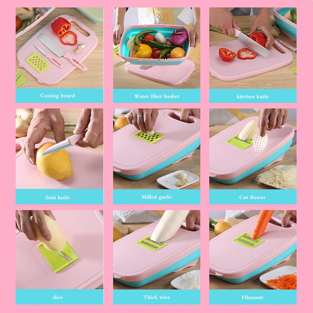 Multifunction Chopping Board Foldable Drain Basket Kitchen Knives Set Vegetable Cutting Board Veg Fruit Storage Basket Household