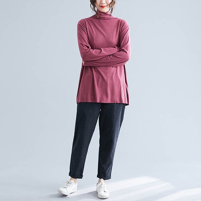 150Kg Plus Size Vrouwen Lente Herfst Coltrui Gebreide Basis Overhemd Buste 150Cm 6XL 7XL 8XL 9XL Effen lange Mouwen Slanke Top: Fuchsia / 7XL