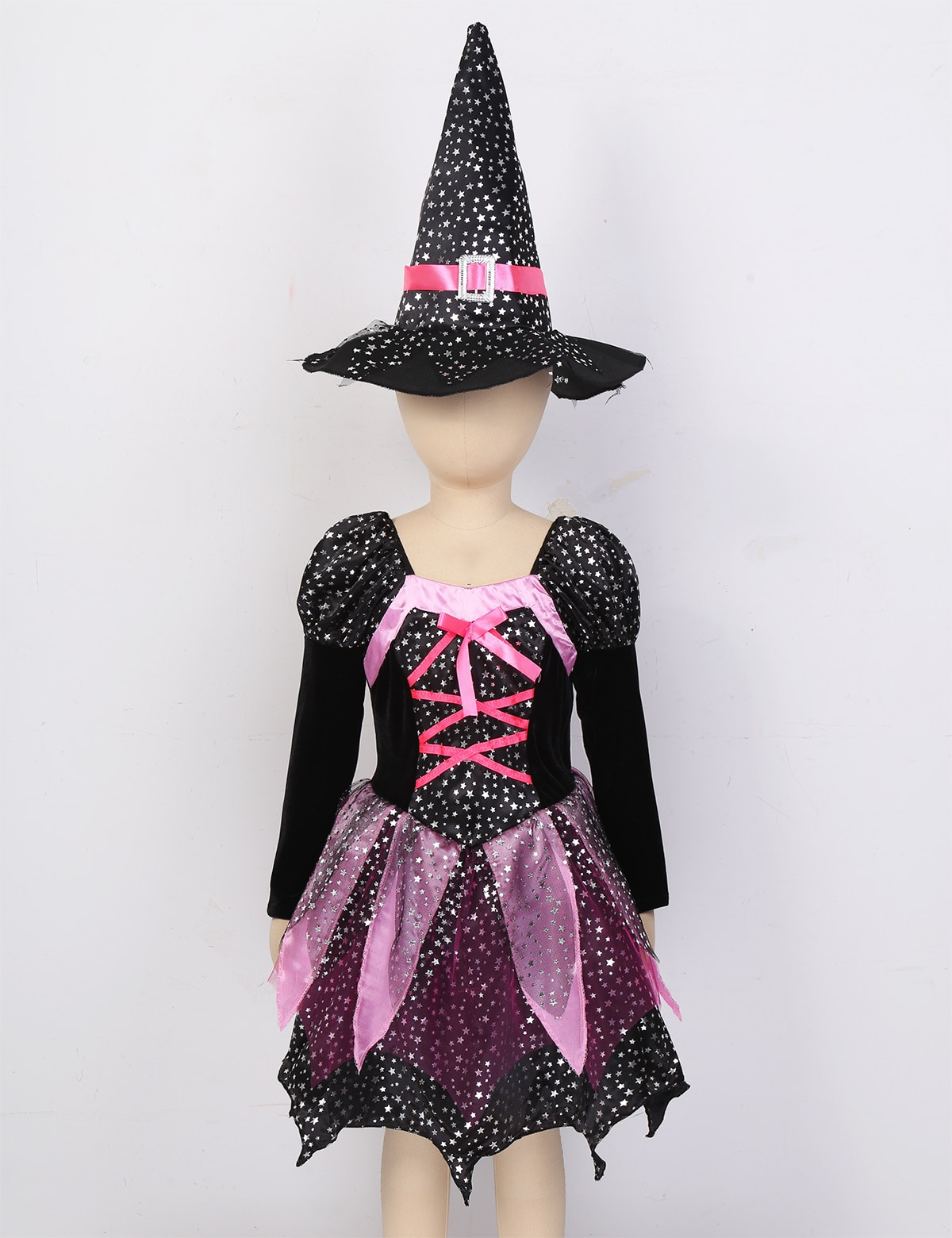 Robe en Tulle pour enfants, tenue de Costume pour filles, manches longues, étoiles argentées scintillantes, robe imprimée avec chapeau pointu, baguette, ensemble de sacs à bonbons