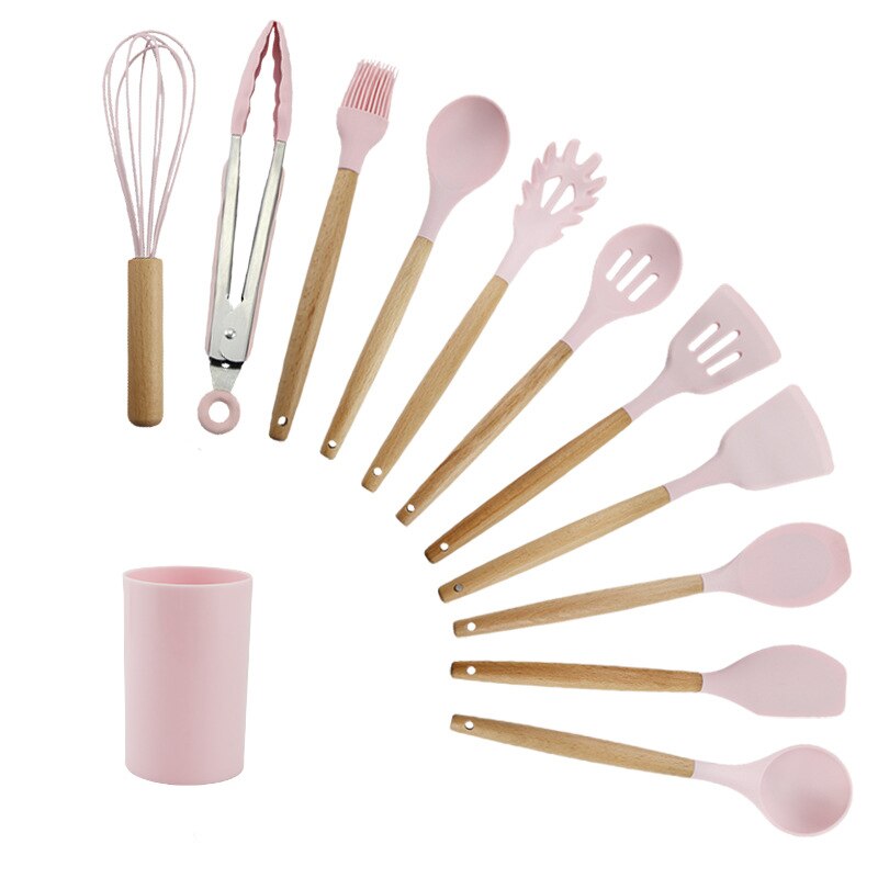 Silicone cuisine ustensiles de cuisine ensemble antiadhésif résistant à la chaleur ustensiles de cuisine manche en bois cuillère soupe louche ustensiles de cuisine Gadget de cuisson: 12PCS Pink