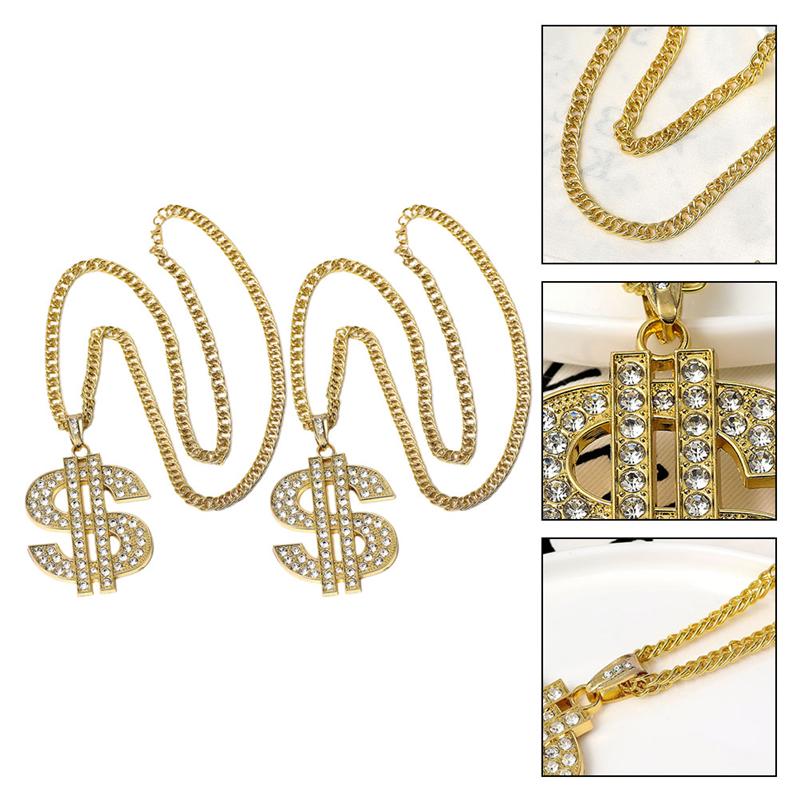 2 Pcs Pretend Play Toy Hip Hop Costume Rapper Accessories Dollar Sign Gold Chain Ring Alloy Plating Necklace For Party (Golden)