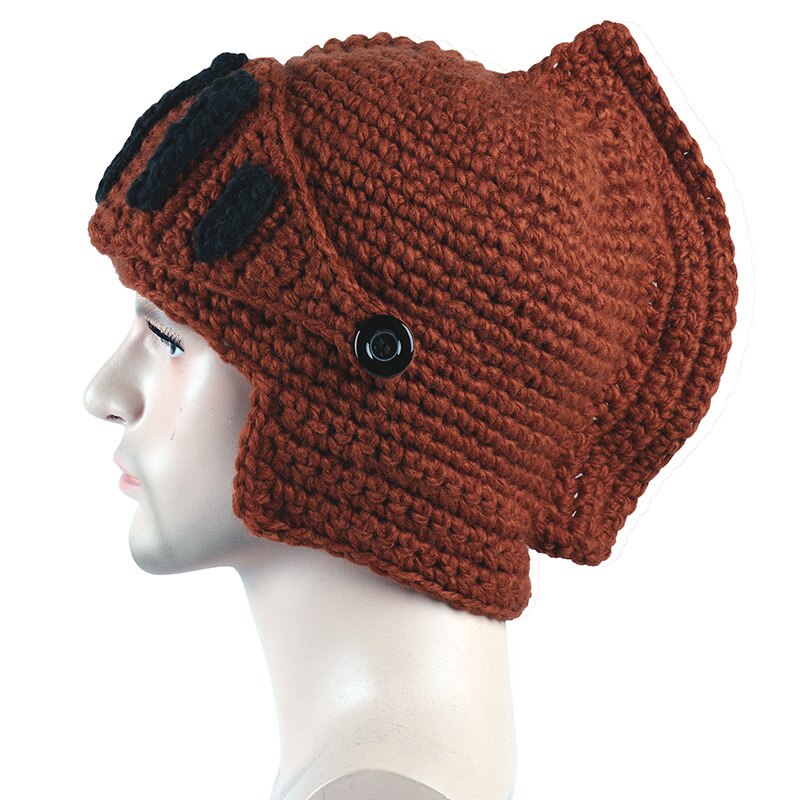 Skullies Beanie Roman Knight Topless Knit Hat Autumn Winter Gladiator Mask Cap Handmade Wild Knitted Male Hat