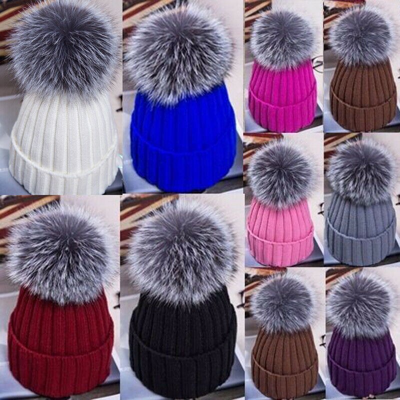 Gorro cálido de invierno para mujer, pompón esponjoso, grande, de piel sintética, negro, azul, blanco y rosa