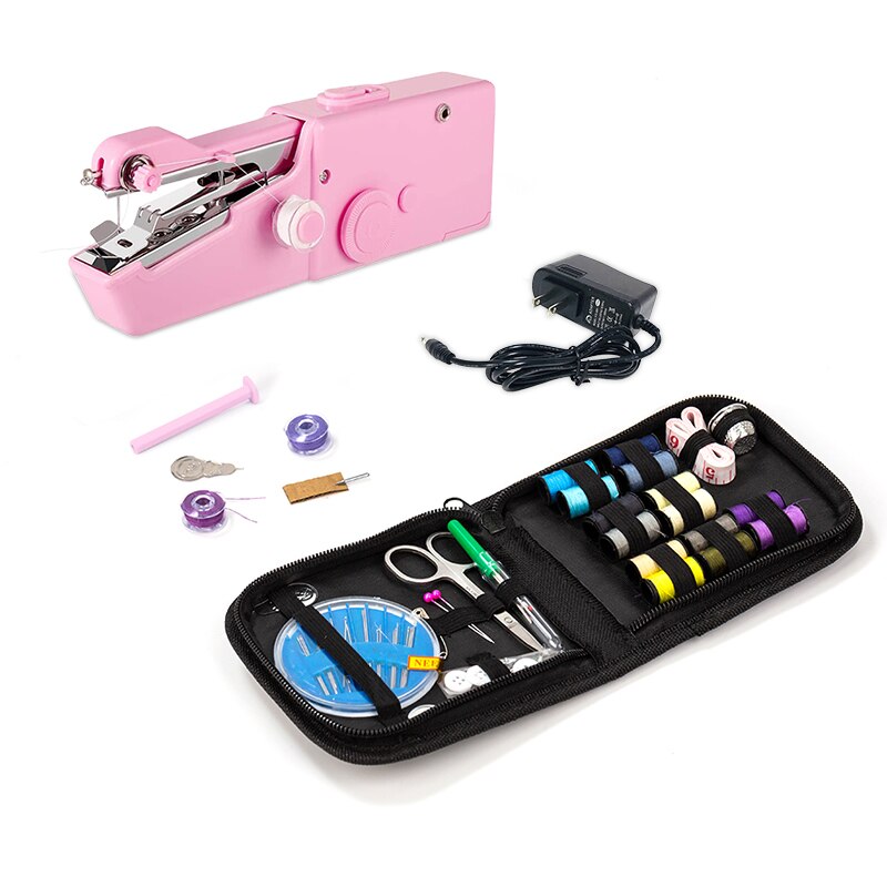 Mini Hand Sewing Machine Sew Needlework Cordless Clothes Fabrics Pink White Portable Mini Sewing Machine With Sewing Kits: Pink A (US)