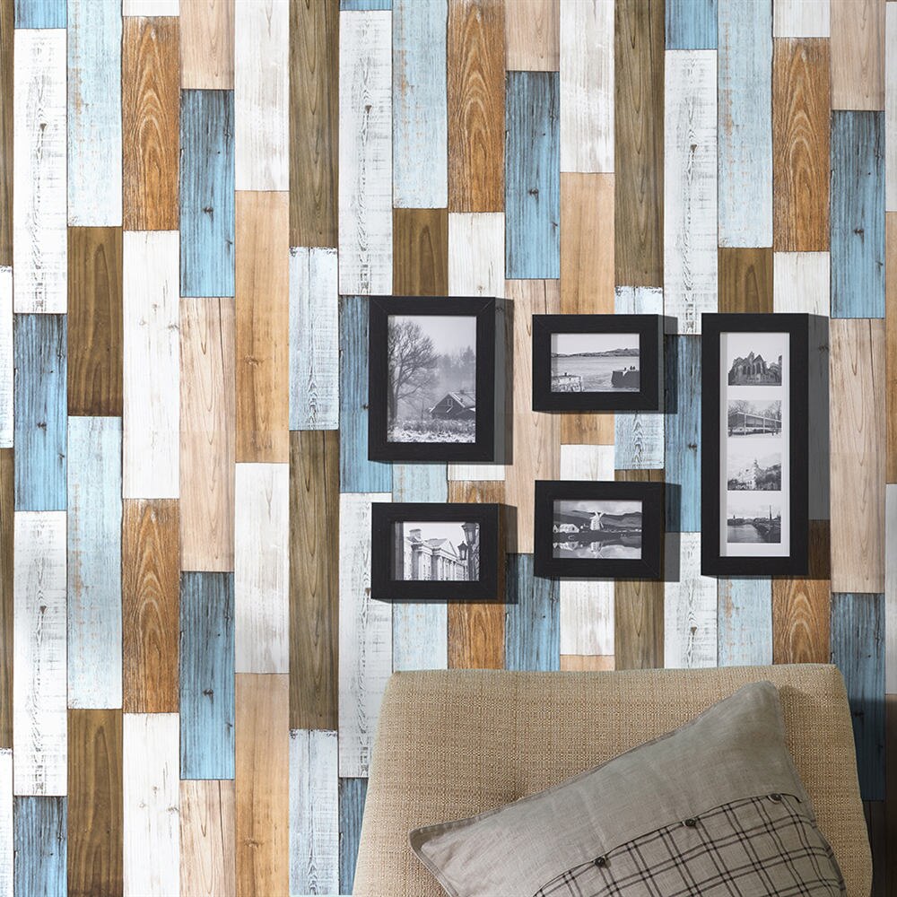 Papel tapiz de vinilo autoadhesivo para decoración del hogar, 3D tablón de madera, color marrón/Blanco/azul, para pared de habitación y ducha