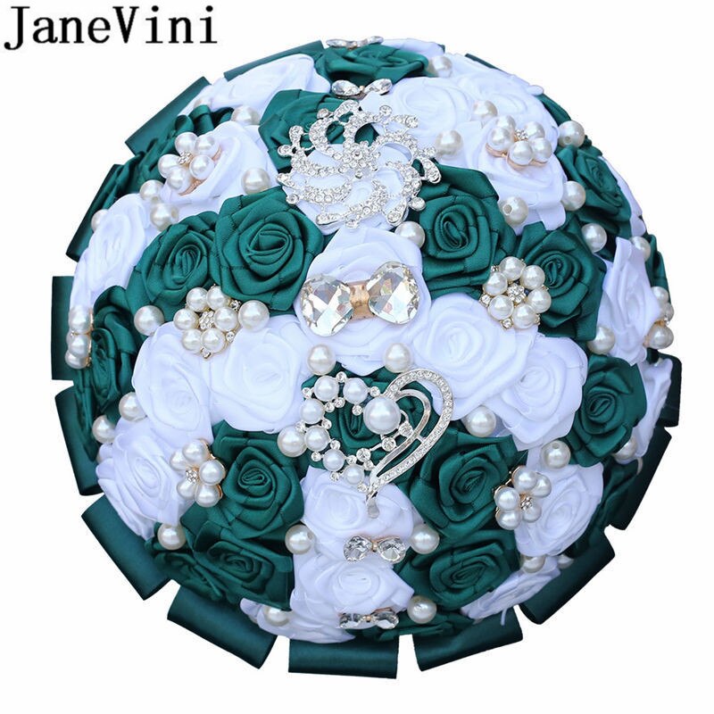 JaneVini – Bouquet de fleurs de mariage, Vintage, vert foncé, perle, ruban de Rose en Satin blanc, cristal, pour les mariées,