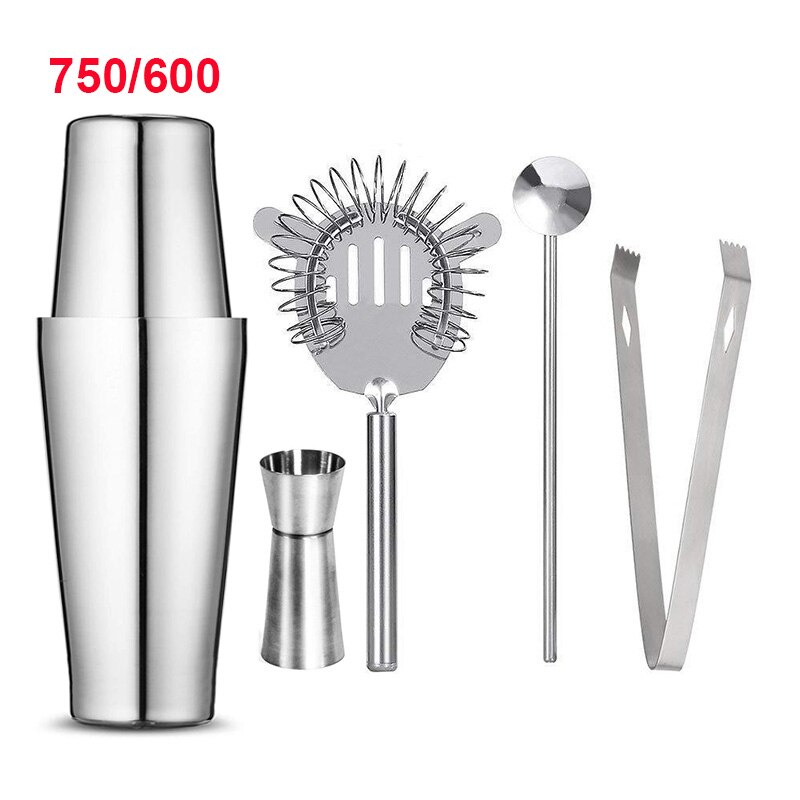 Stainless Steel Cocktail Set 550ml/750ml Cocktail Shaker Set with Muddler Jigger Bar Spoon Ice Tong Bartender Kit Bar Set: Boston 5pcs 750x600