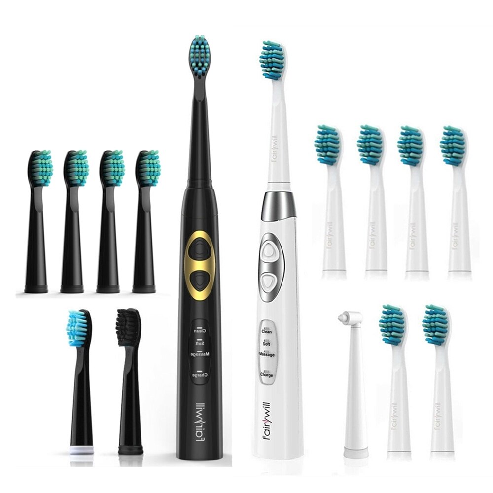 Fairywill Electric Sonic Rechargeable FW-917 Toothbrush USB Fast Charge Waterproof Electronic Tooth Replacement 3 Heads For Adu: 917White.917Black
