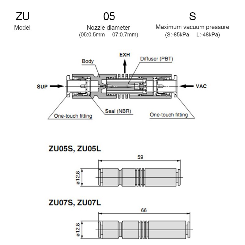 For smc chuck rett type  zu05s zu07s zu05l zu07l pneumatisk zu tube vakuum generator negativt trykk vakuum generator