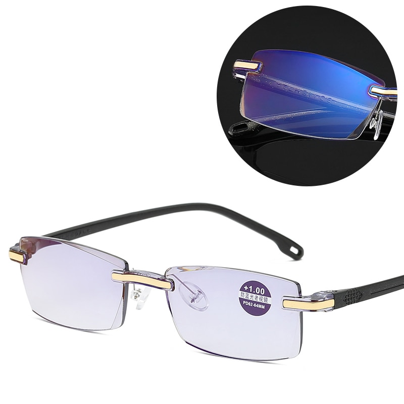 Frameless Anti Blue Light Blocking Rimless Reading Glasses Women Men Square Frame Presbyopic Glasses Diopters +1.0 1.5 2 2.5 3.5