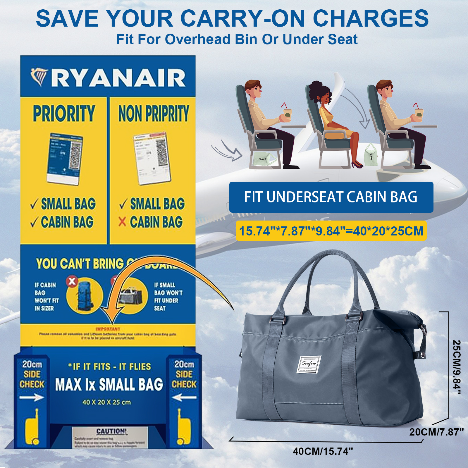 Travel Bag Male Female Large-Capacity Hand Luggage Travel Cabin Aircraft 40x20x25, Short-Distance Travel Weekender Overnight Bag