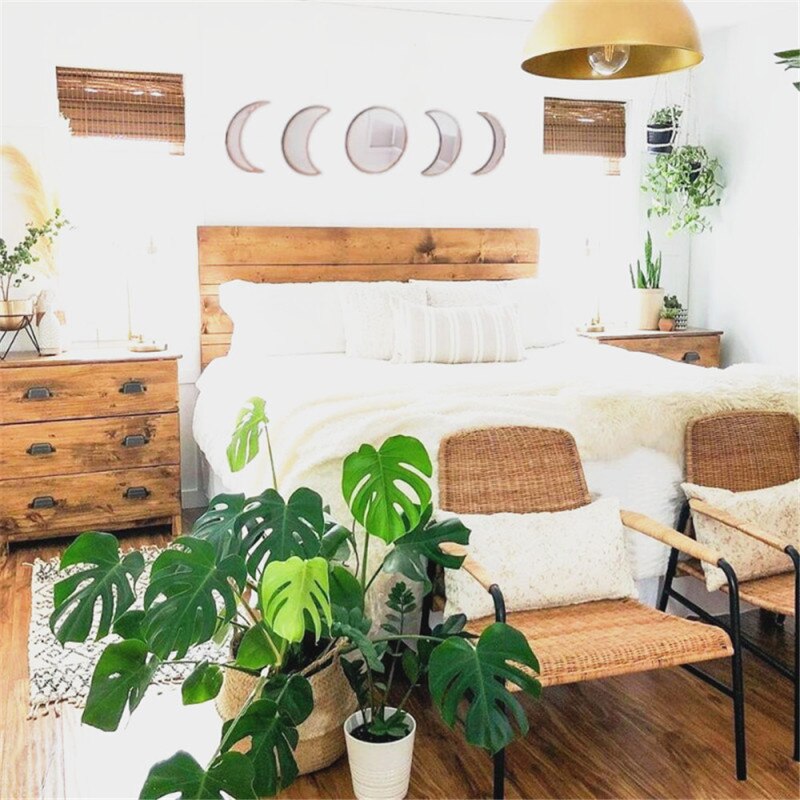 5pz / 3pz Stile Nordico di Legno Specchio Decorativo Luna fase Autoadesivi Della Parete Dello Specchio telecamera Da Letto Acrilico Specchio Decorativo FAI DA TE specchi