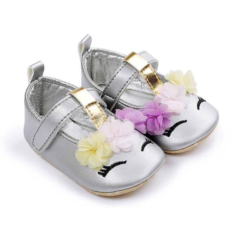 Doux bébé fille princesse chaussures fleur Mary Jane chaussures plates mocassins semelle souple antidérapant en cuir PU chaussures Prewalkers pour la fête quotidienne: Argent / 0-6M