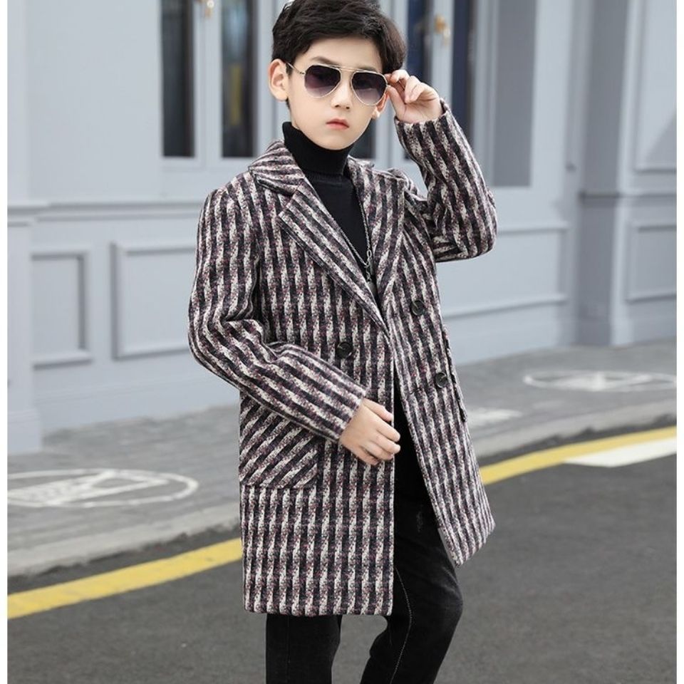 Boys Wool Coat Woolen Overcoat Kids Clothes Fall Winter Plaid Thicken Casual Woollen hildren Outerwear Trench Jackets