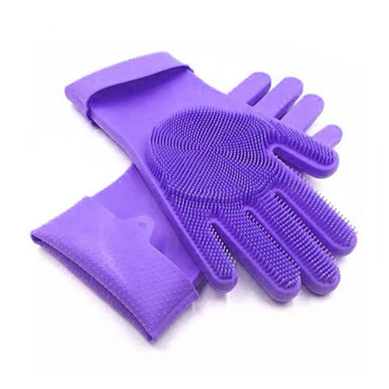 1 par silikone fade rengøringshandske køkkenvask husholdning bil kæledyr skrubbe handsker med rengøringsbørste madvask handske: Lilla