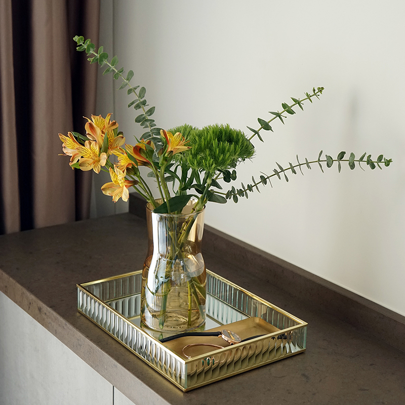 Sweetgo glas spejlbakke guld/slim/sort metalkant rødvintallerken dekoration opbevaringsbakke kageværktøj boligdekoration