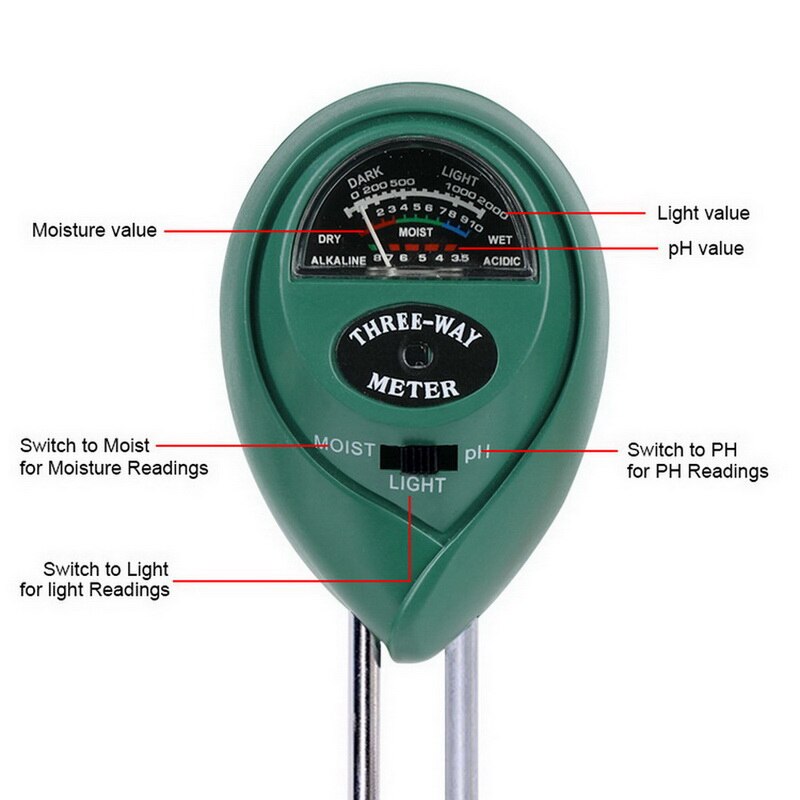 3 i 1 jord ph måler jordfuktighetstester jordfuktighet ph analysator temperatur sollysintensitets måleinstrument
