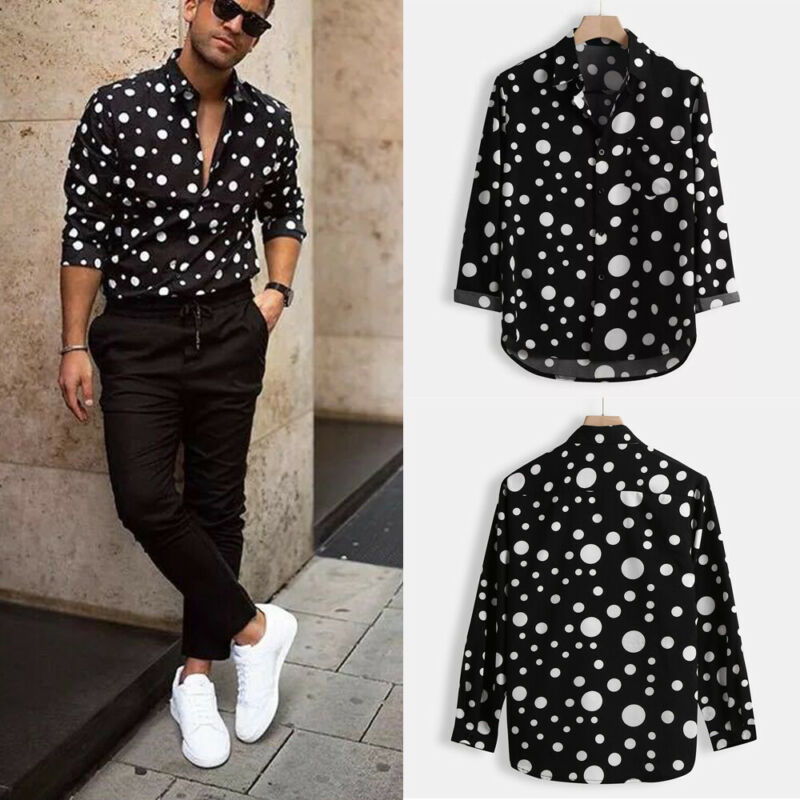Camisas negras de manga larga ajustadas informales con botones Camisa estampada Polka Dot para hombre a la