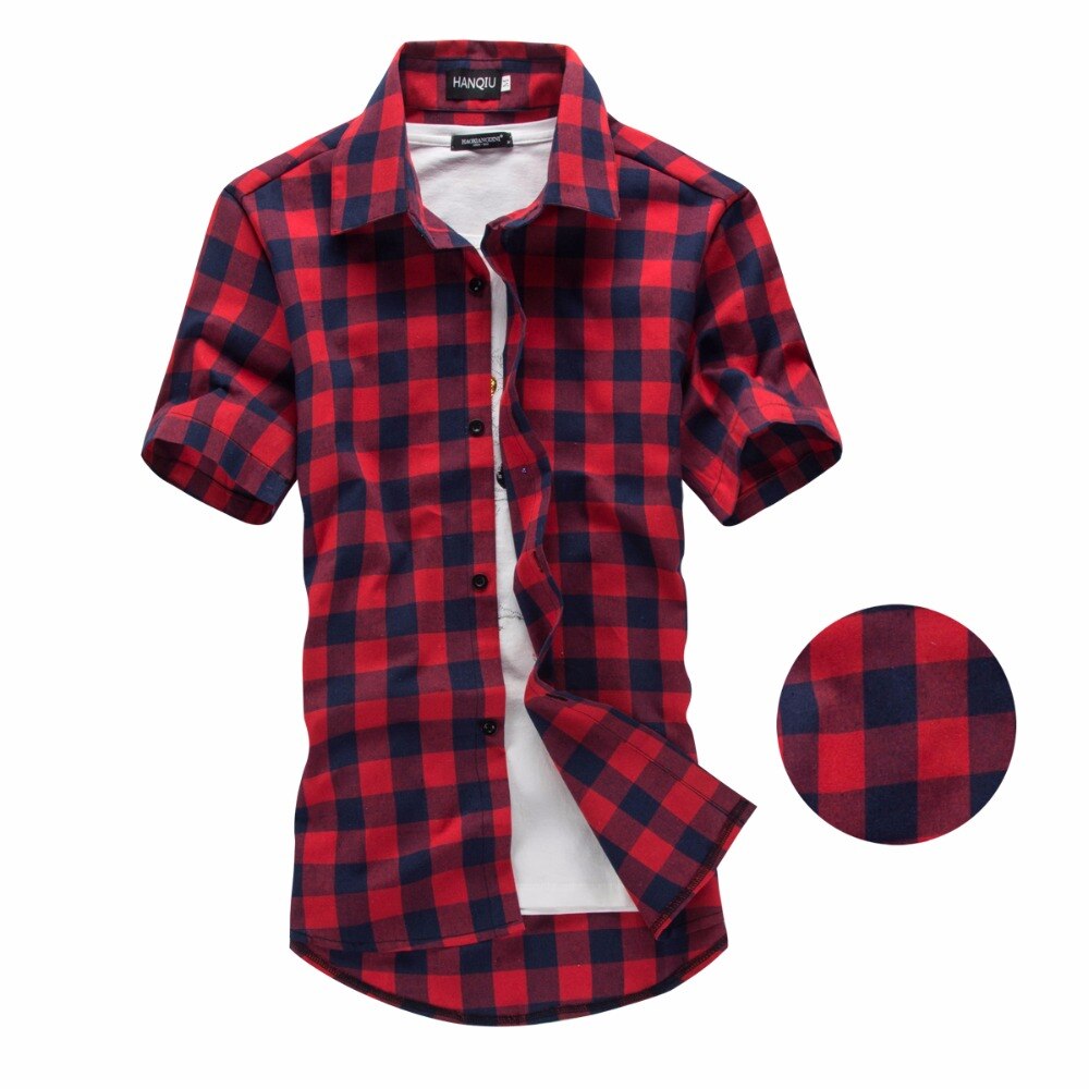 Rød og svart rutete skjorte herre skjorter sommer chemise homme mens rutete skjorter kortermet skjorte for menn bluse