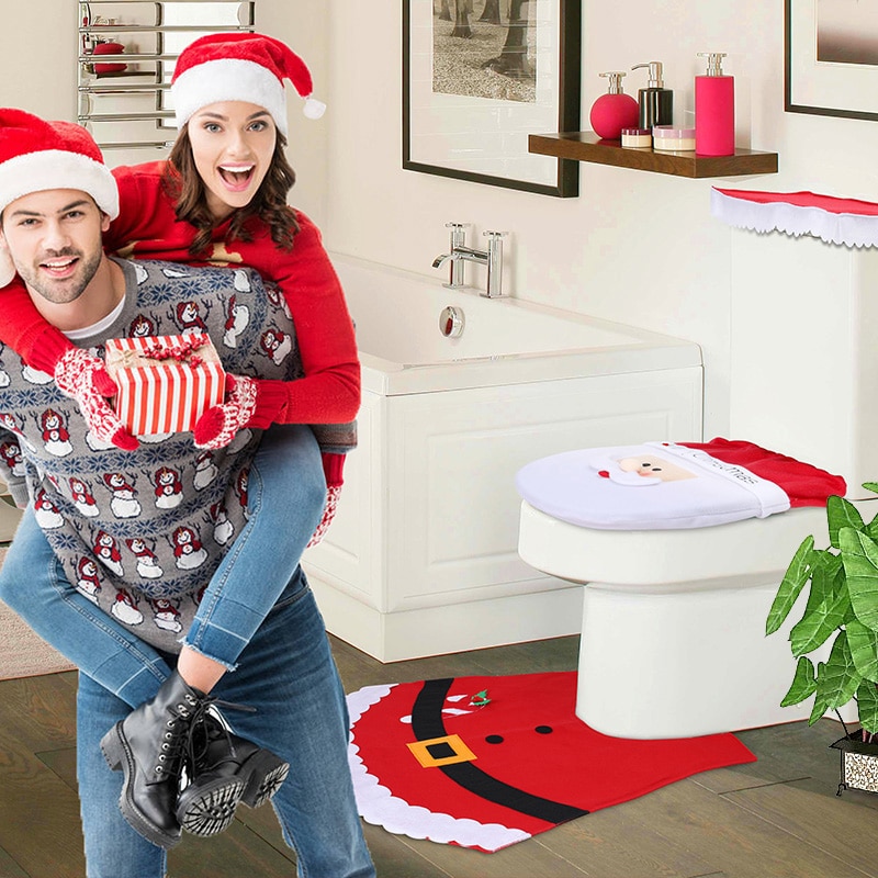 Kerst Toilet Seat Cover Set Tapijt Happy Santa Feestelijke Set Badkamer Wc Mat Wc Accessoires Kerstversiering