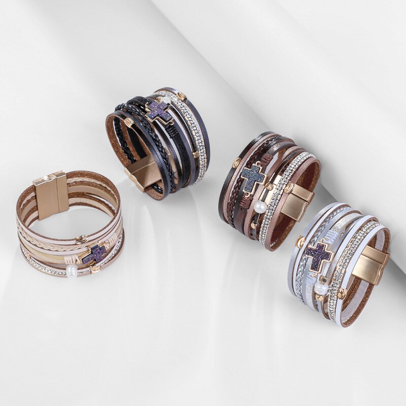 Multi-Layer Leather Wrap Bracelet Boho Braided Cuff Bangle Crystal Bead Bracelets Rhinestone Magnetic Clasp Bracelet for Women