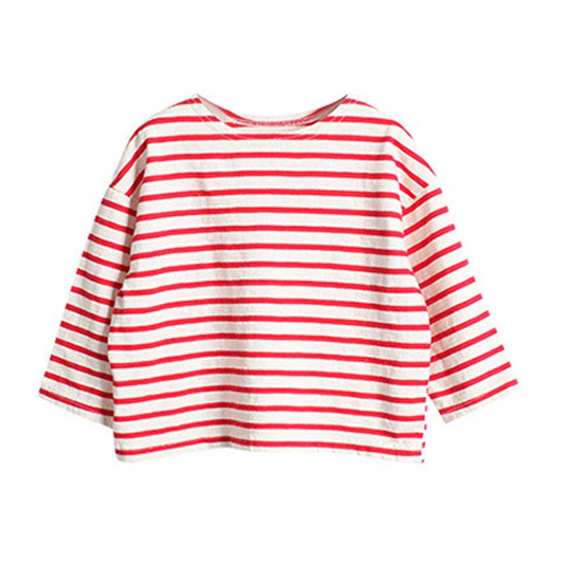 coréen filles Base chemise rayé T-shirt enfants haut en coton: Rouge / 7