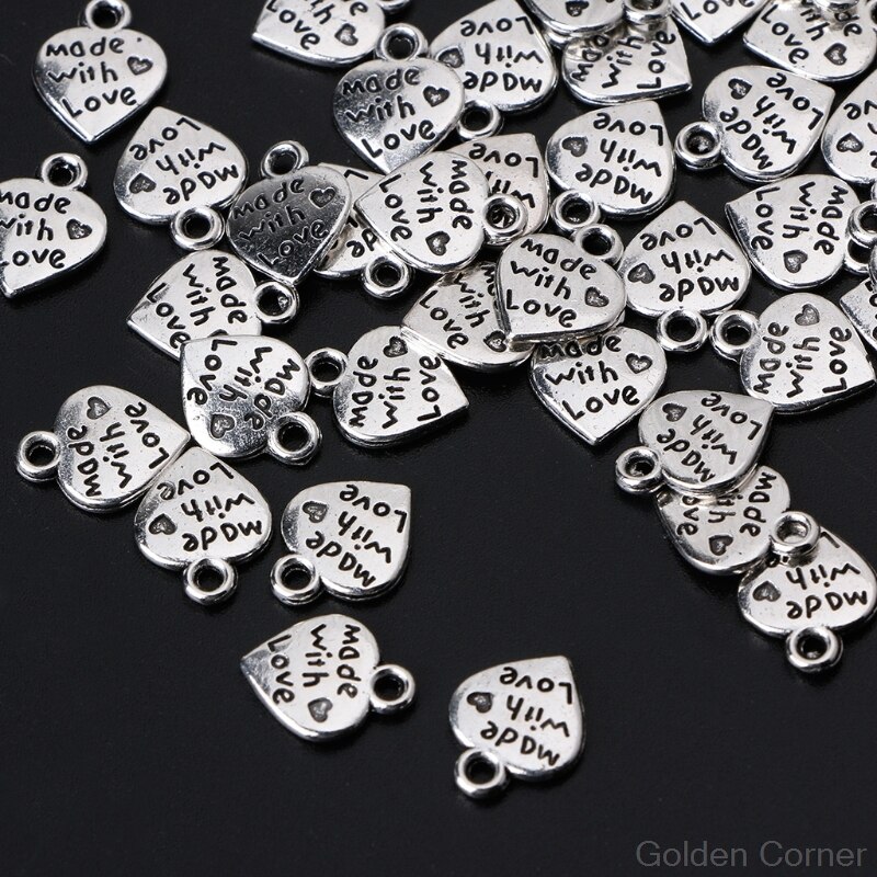 50 Stks/set Mode Metalen Gemaakt Met Liefde Cz Hart Bedels Hangers Ketting Kralen Voor Diy Big Hole Kralen Armbanden Bedels