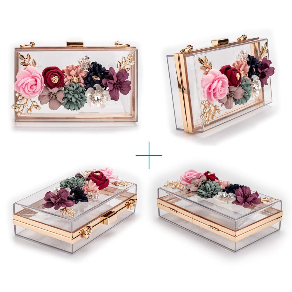 LJL-Women PVC+ fabric Flower Clutches Crossbody Floral Purse With Gold Chain Pearls Beaded Evening Bags For Wedding Prom Banq