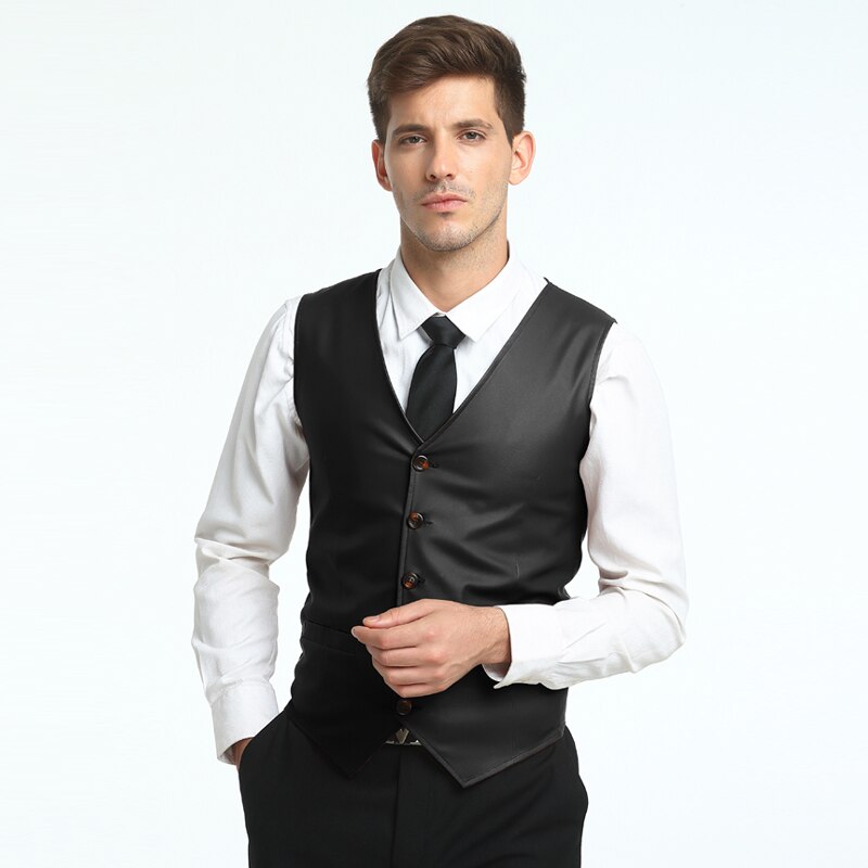 Ankomster män casual kostym väst västar smart casual enfärgad ärmlös pu läder klänning väst män toppar plus size