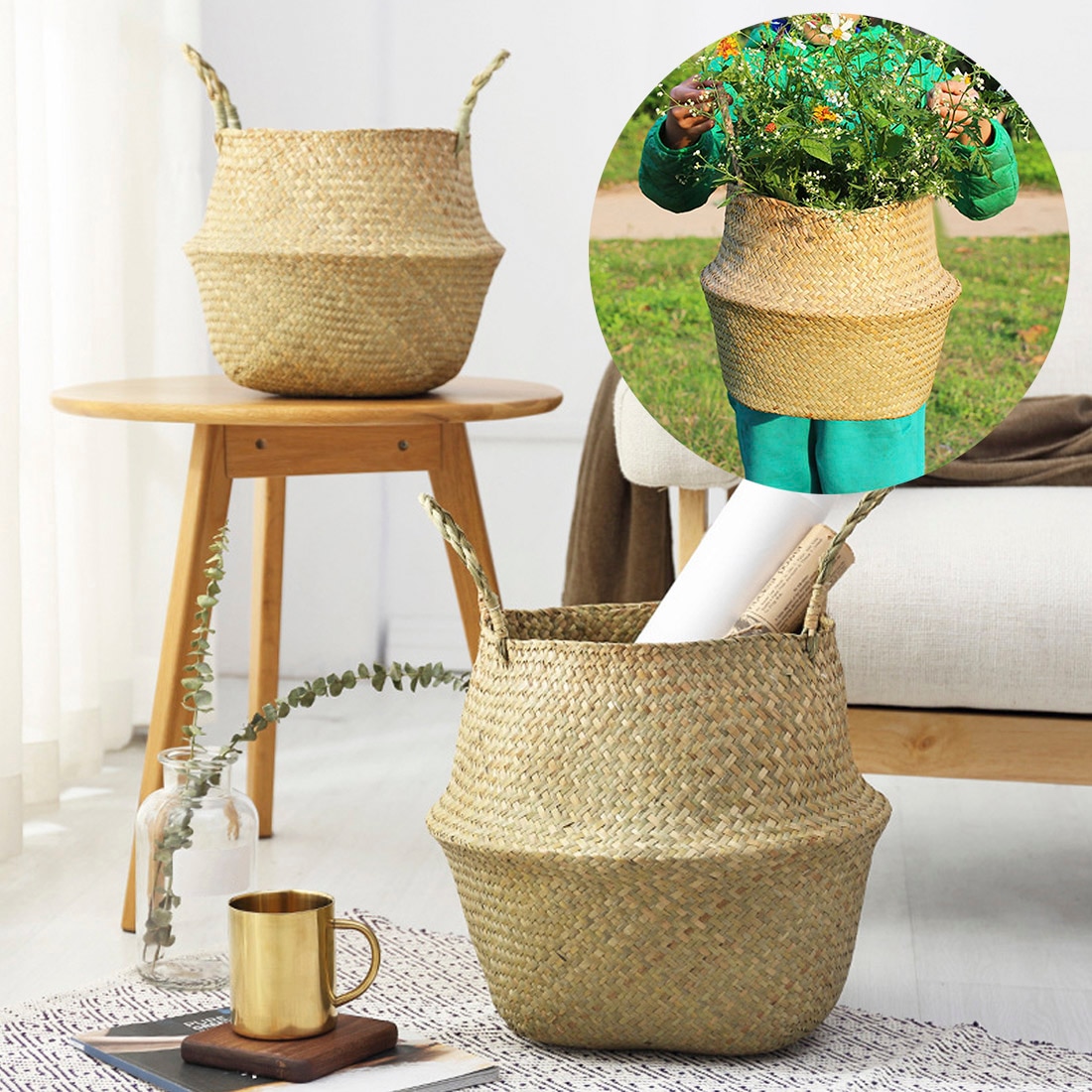 Håndlavet hængekurv planter kurv søgræs fletværk kurv bambus opbevaring kurve sammenfoldelig patchwork flet rattan seagra