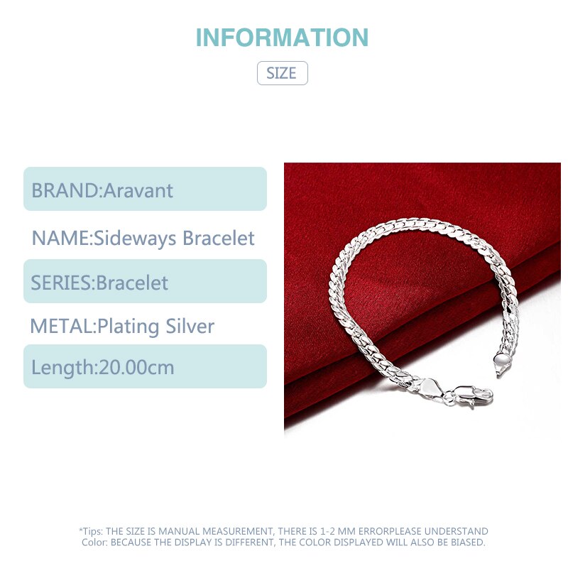 Pulseira de prata masculina, bracelete 925 de 5mm 20cm de prata para presentes