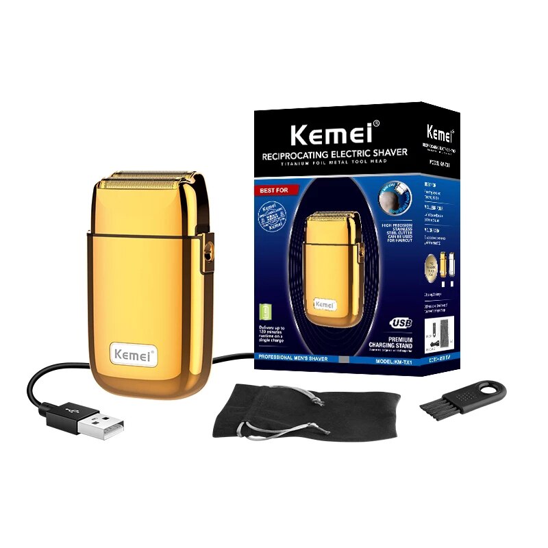 Kemei All-metal Electric Shaver Men Razor Rechargeable Beard Shaver Floating Hair Beard Trimmer Face Care Shaving Machine: Gold with box