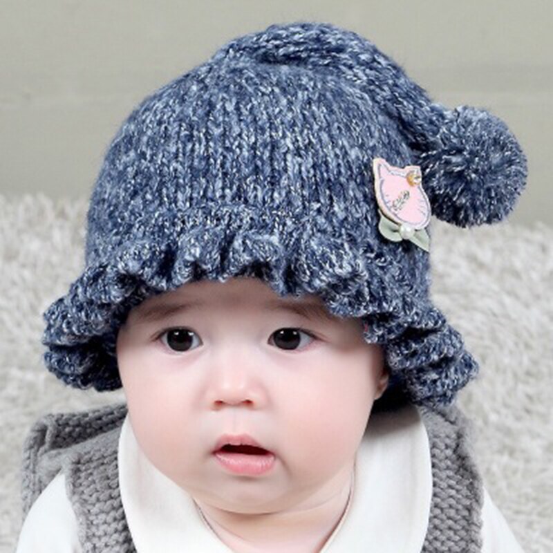 Winter Baby Hat Cartoon Long Tail Pompon Cat Newborn Baby Girl Boy Knitted Cap Winter Warm Earmuffs Wool Infant Kids Hat: blue