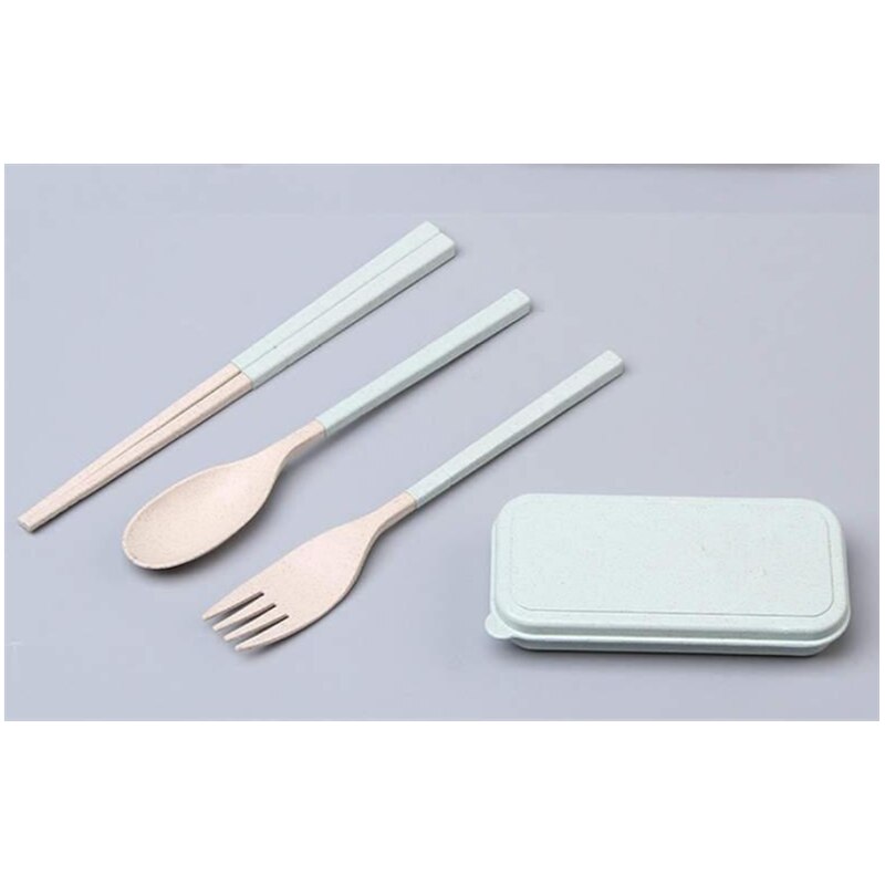 3 in 1 porslin utomhusbestick gaffel/sked/ätpinnar campingredskap bärbar hopfällning av vetehalm med fodral