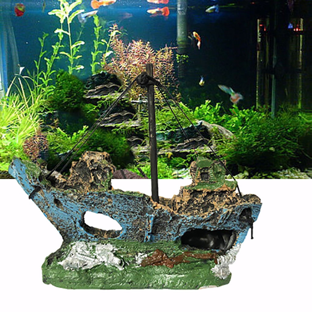 Small Landscaped Aquarium Pirate Fish Tank Boat Artificial Ornaments Viewfinder Glass House Resin Wreck Pirate Ship Decor