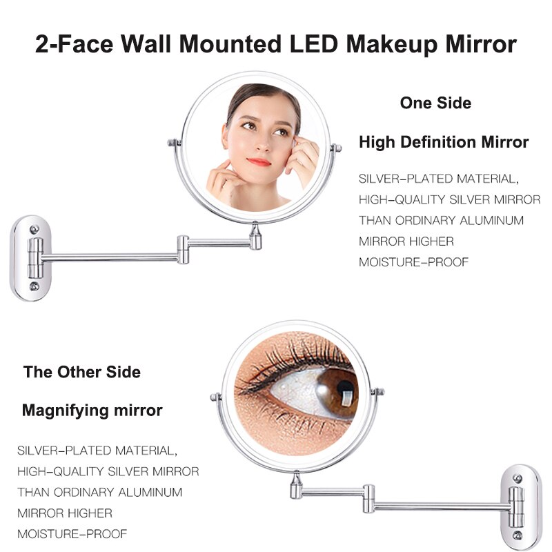 Led Wall Mounted Bathroom Mirror Makeup Mirror 10X Magnification Adjustable Wall Mirror Touch Dimming Double Sided Mirror