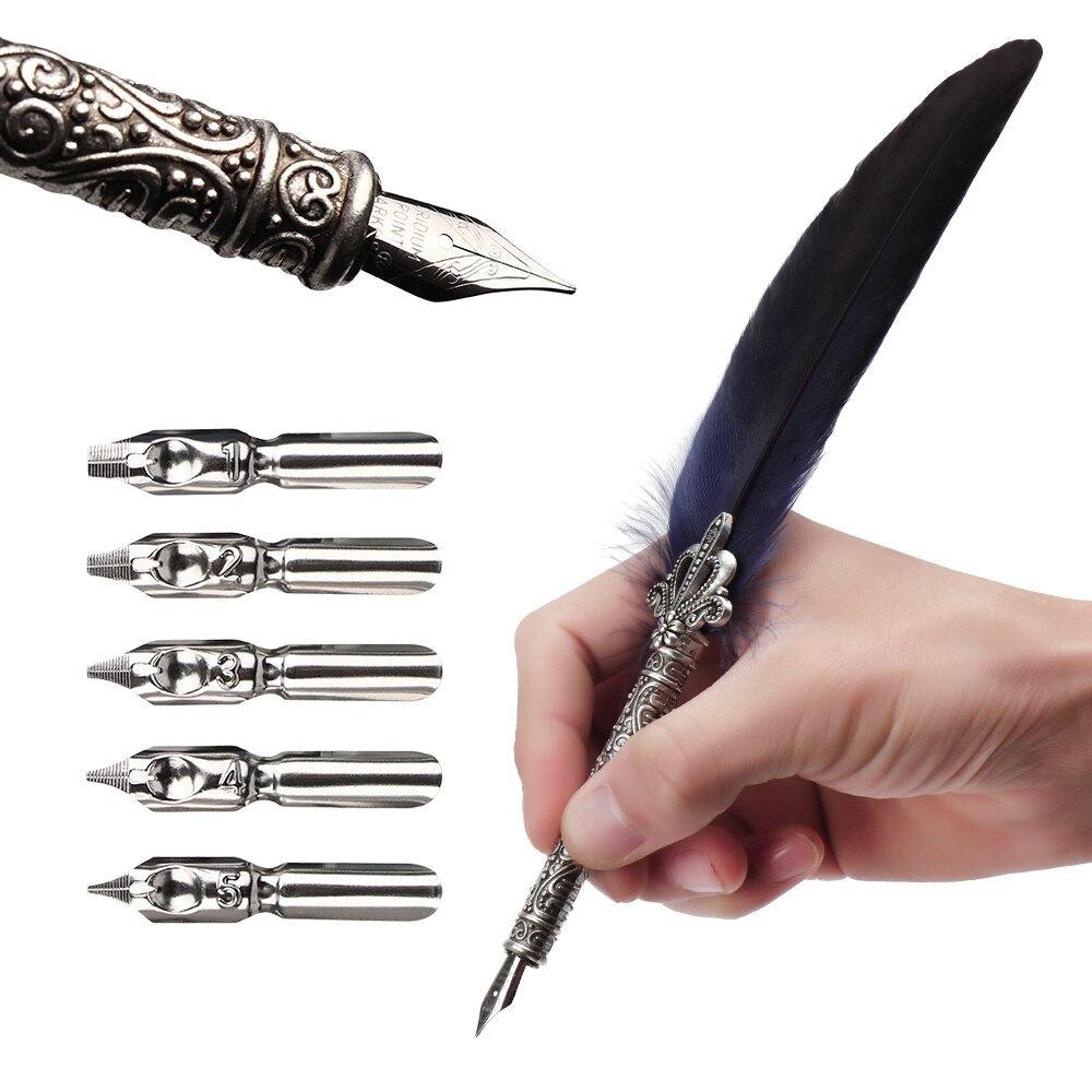 1Set Feder Dip Brunnen Stift Chancery Quill Türkei Schrägen Stifte + 5 stücke Nib Geschnitzte Metall für Phantasie Kalligraphie vintage Stift