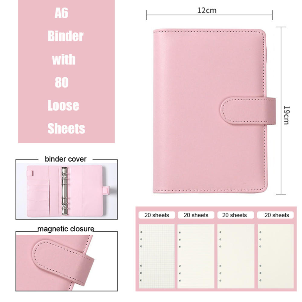 1Pc A5/A6 Lederen Losbladige Ringband Notebook 6 Ring Notebook Cover Kleur School Kantoorbenodigdheden: Pink