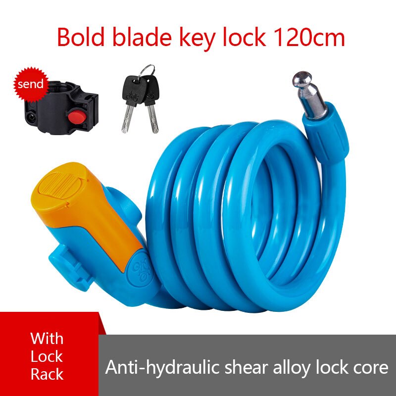 Mountain Bike Bicycle Lock Electric Stainless Steel Password Fixed Portable Anti-Theft Steel Wire Chain Lock: Rough blade key lock 120cm with lock rack  blue