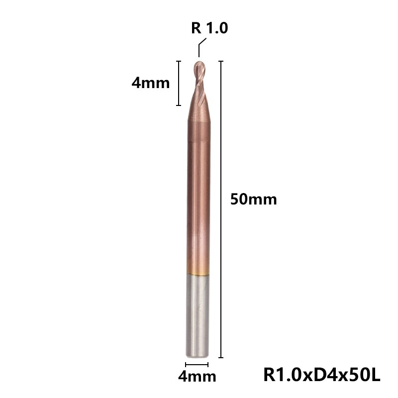 2 Flute End Mill CNC Ball Nose End Mill HRC 50 Router Bits TiCN Coating R0.5-6.0 Tungsten Carbide Engraving Milling Cutter: R1.0xD4x50L