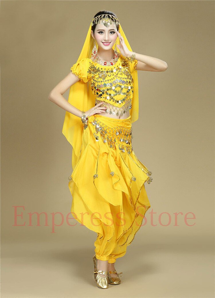 4 unids/set de traje de baile hindú para danza del vientre, conjunto de trajes de danza Oriental para actuaciones en escenario: 4pcs Yellow