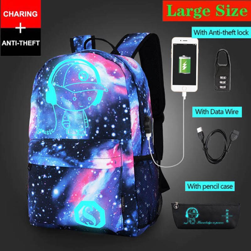 Anti-diefstal tas lichtgevende schooltassen voor jongens meisjes student school rugzak mochila met usb oplaadpoort slot schooltas: Stijl 8 grote maat