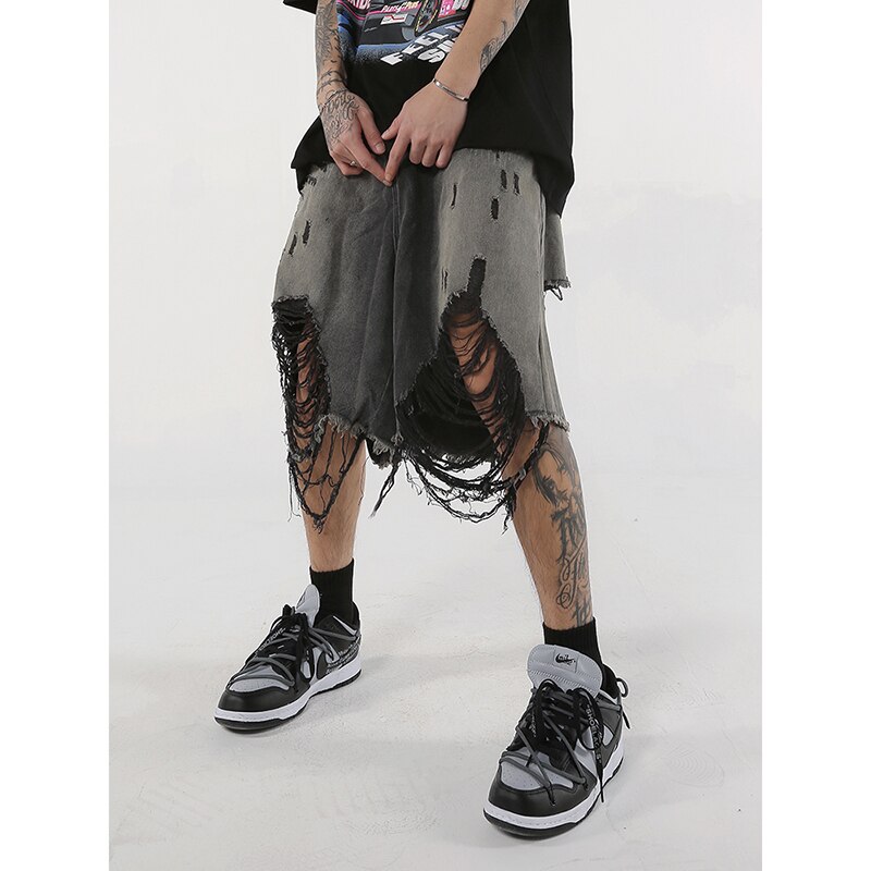 Black Washed Destroyed Denim Jeans Shorts Baggy Streetwear Swag Ripped Jeans for Men Hip Hop Distressed Biker Wide Jeans